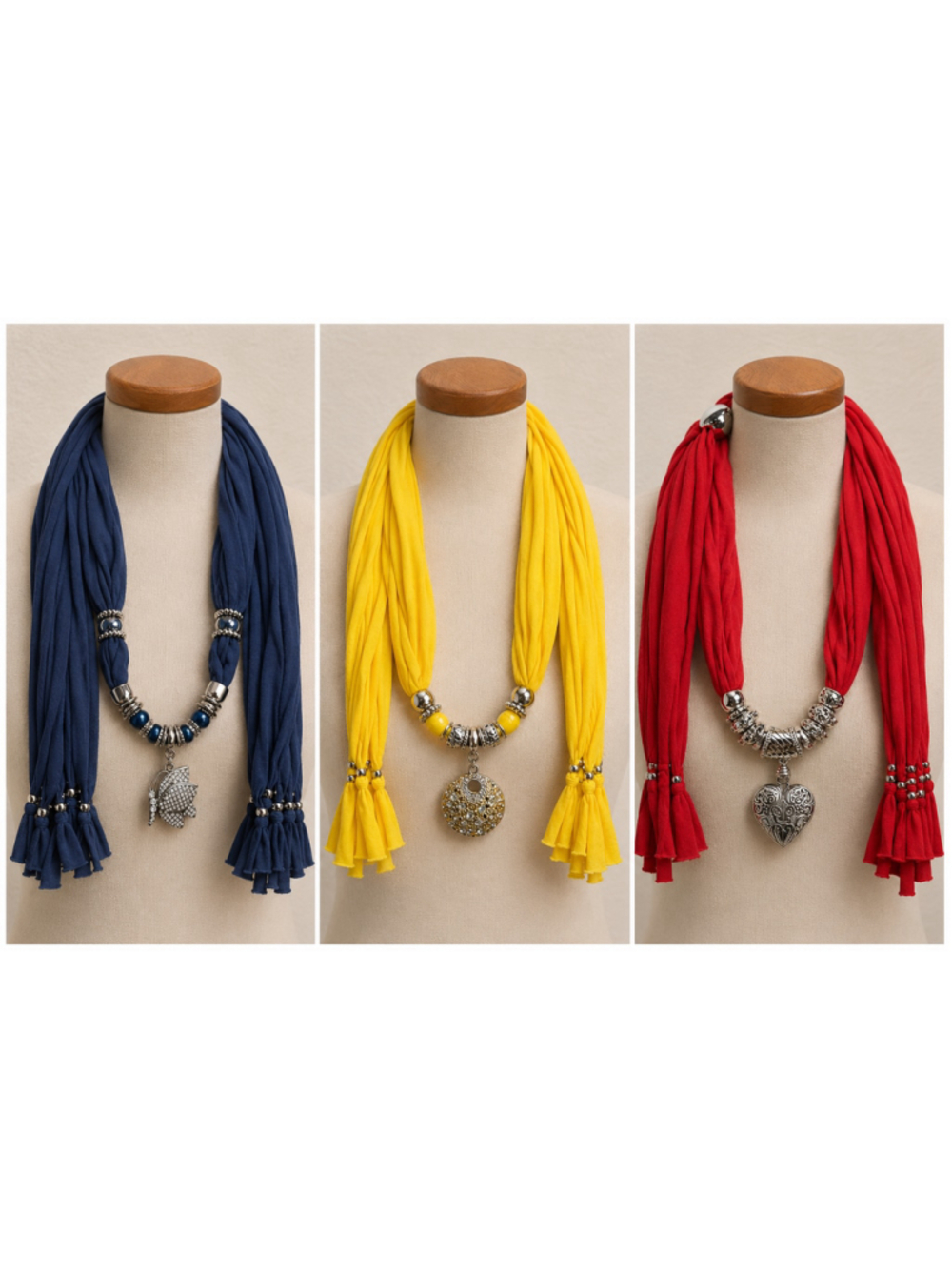 Set of 3 Women’s Scarf Necklaces Statement Pendant Jewelry Red Yellow Navy NWT